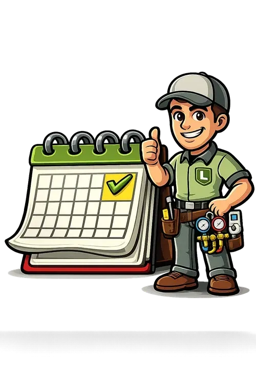 Cartoon handyman beside a checklist calendar, giving a thumbs-up and wearing a tool belt