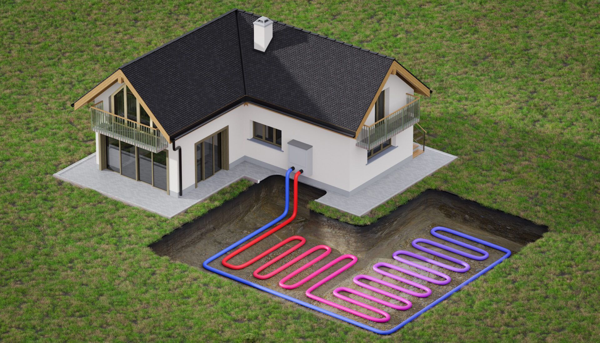 House with geothermal system: underground pipes in red and blue connect to a heat pump and house.