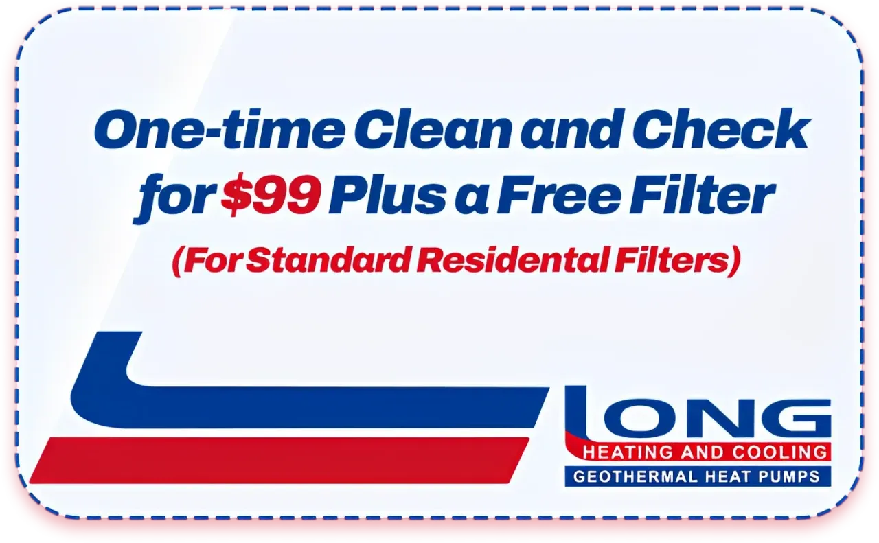Advertisement: Clean and check HVAC service for $99 plus free filter. Blue and red logo for Long Heating and Cooling.