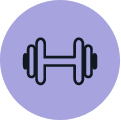 Dumbbell icon, black outline on a purple circle background.