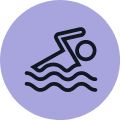 Swimmer in water, swimming freestyle, in a purple circle.