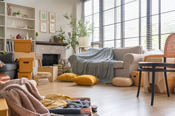 A living room filled with furniture and boxes.