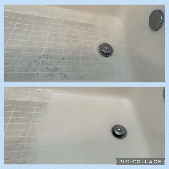 Before-and-after view of a bathtub being cleaned; floor tiles show scrubbing action, revealing cleaner surface.