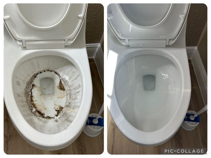 Before-and-after of a toilet bowl cleaning. The first bowl has heavy stains and the second is sparkling clean.