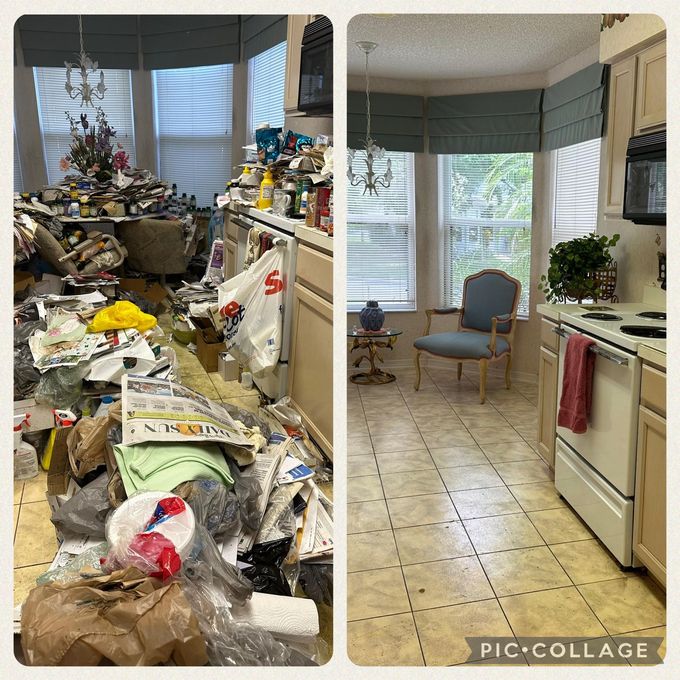Before and after kitchen: cluttered space transformed into a clean, inviting room with furniture and a sunny window.