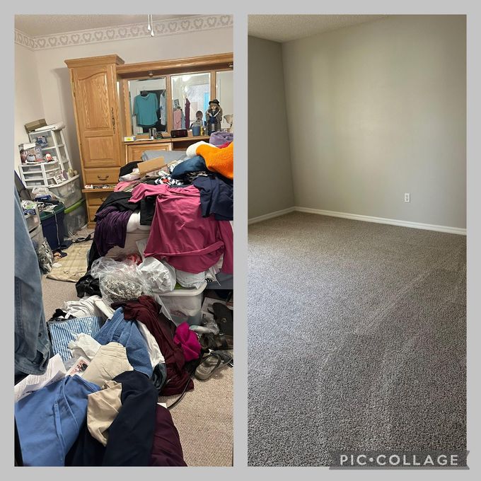 Before and after view of a bedroom: messy room with clothes vs. clean room with gray walls and carpet.