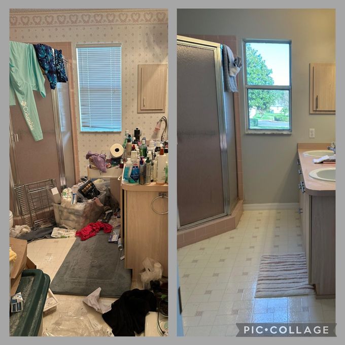 Bathroom before and after: clutter in the before, clean and organized in the after.