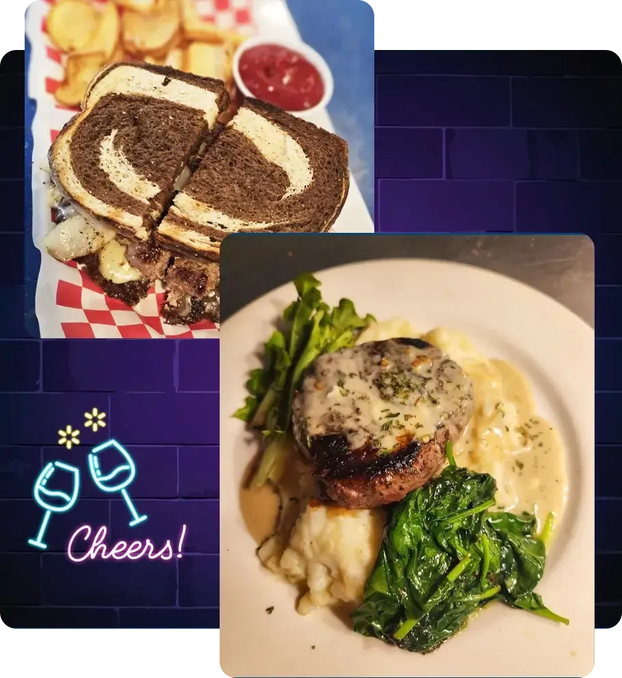 Two photos of restaurant meals: a marbled rye sandwich with fries and a steak entree with mashed potatoes and greens.