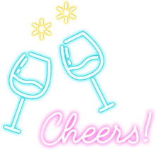 Neon sign with two light-blue wine glasses toasting, yellow sparkles, and the pink text