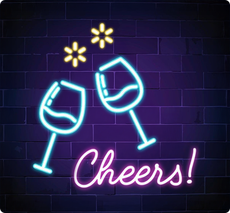 A neon sign on a brick wall shows two glowing blue wine glasses clinking together with "Cheers!" written below in pink.