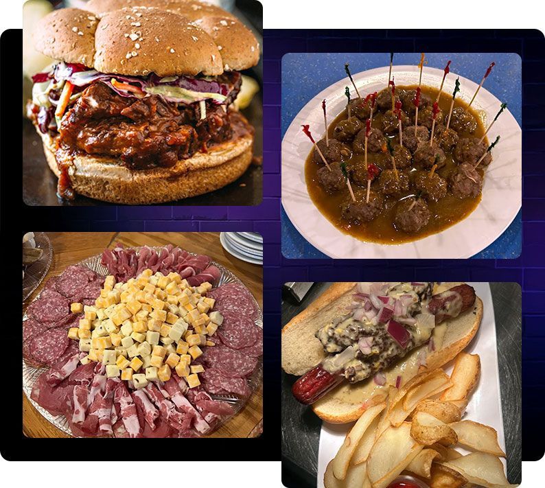 A collage of food: a barbecue sandwich, meatballs on skewers, a meat and cheese platter, and a hot dog with potato chips.