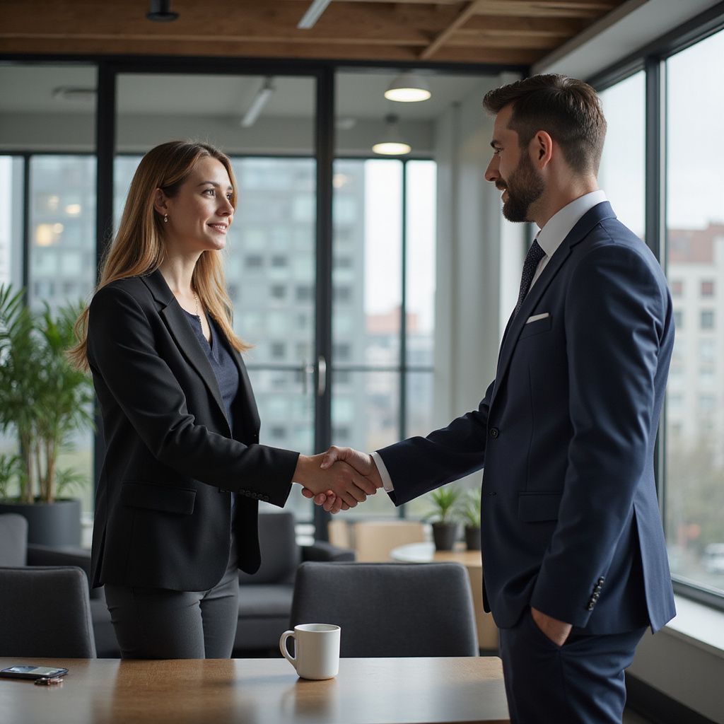 Woman and man in suits shaking hands in an office, likely after a deal.