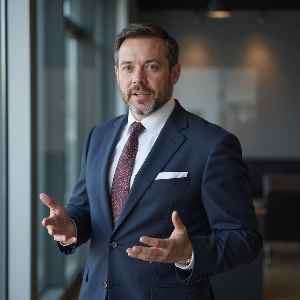Man in a navy suit gestures with hands, standing in an office with a window behind him.