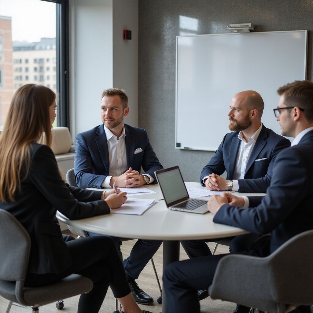 Four business professionals in suits at a round table, discussing with a laptop and papers in an office.