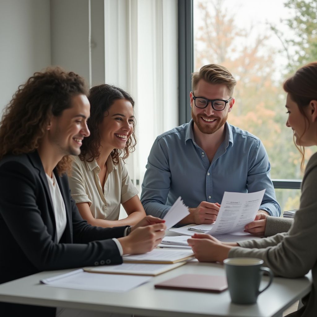 Four people smiling, reviewing documents around a table in a well-lit room.