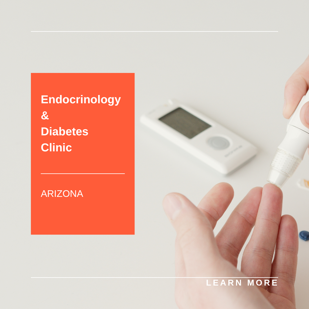 Endocrinology & Diabetes Clinic ad with glucose meter and finger-prick test
