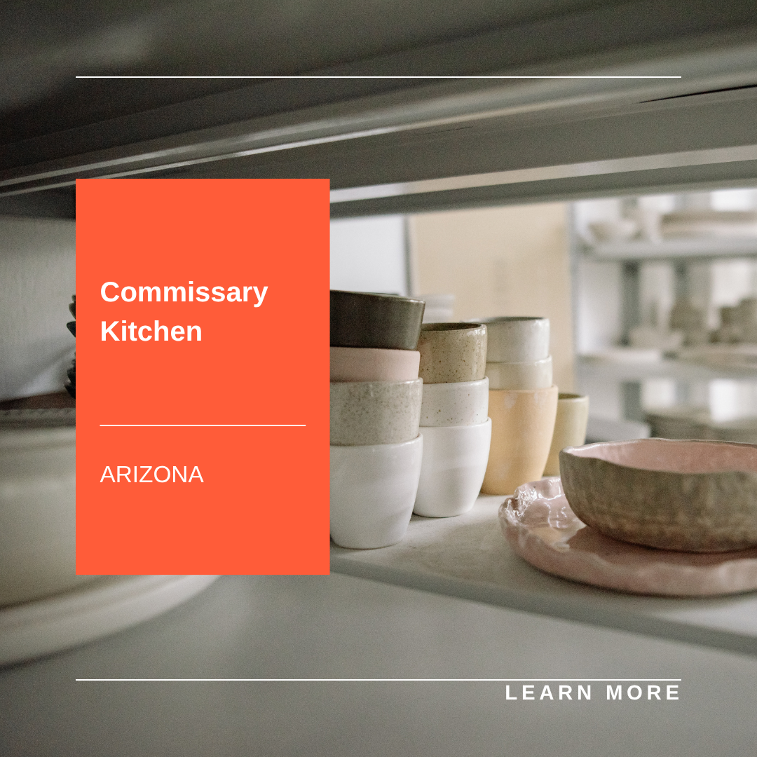 Orange Commissary Kitchen Arizona promo with cups and bowls on a kitchen shelf, “Learn More” button