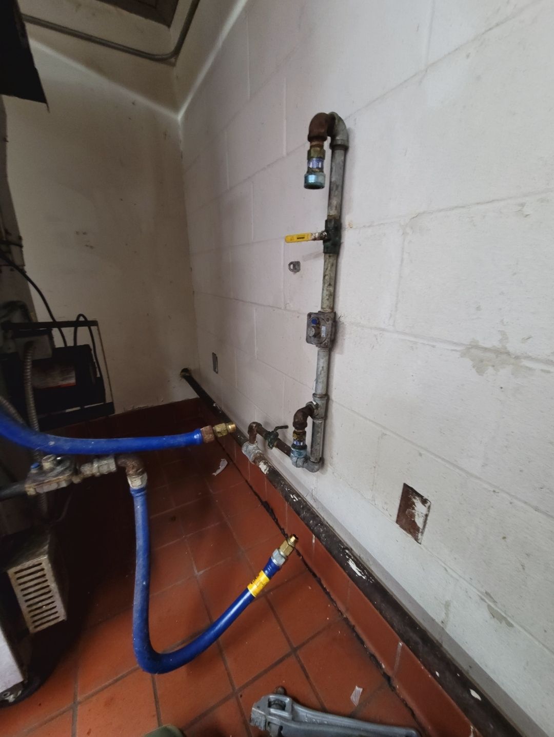 A blue hose is attached to a wall in a kitchen