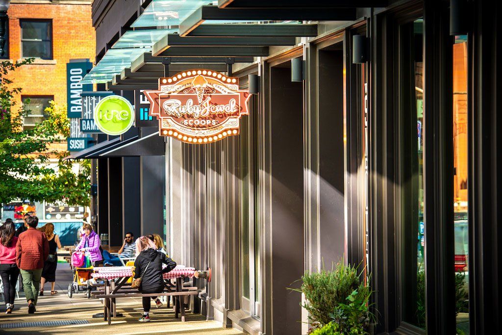 Spencer Court Exterior with Business Signs