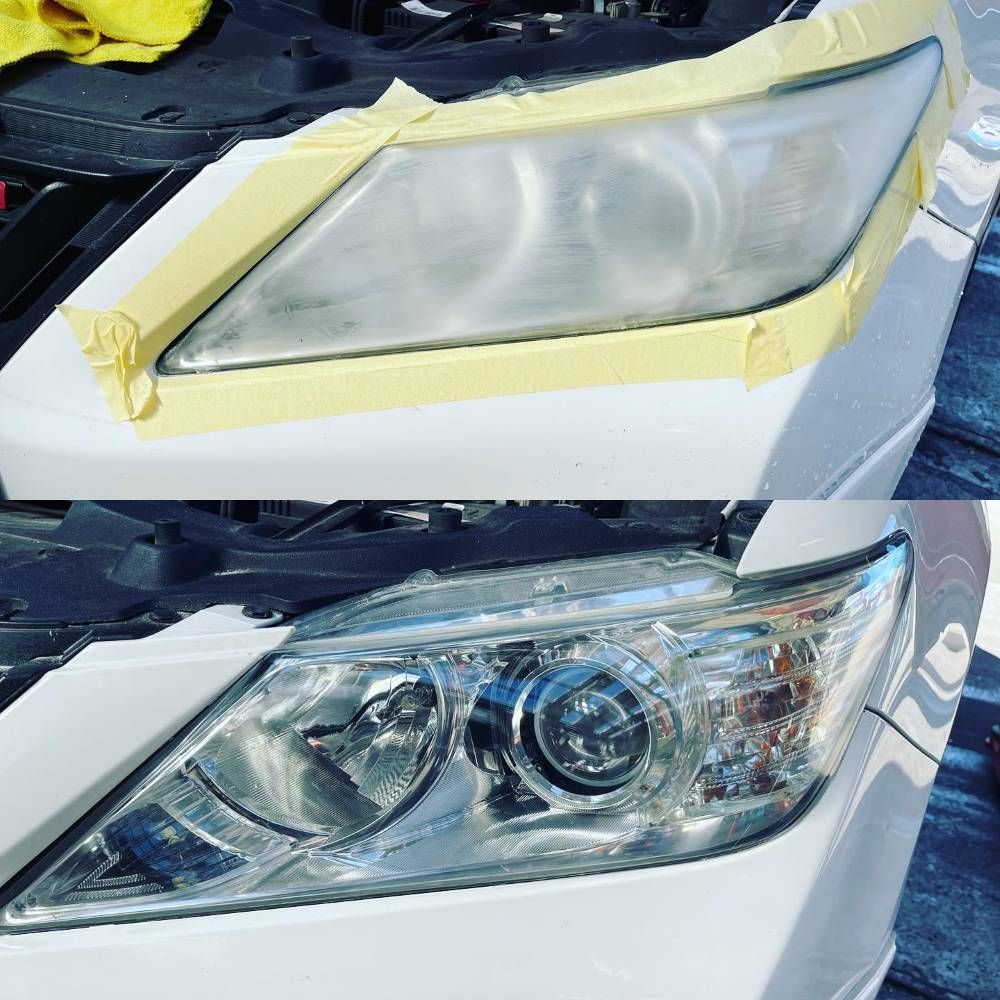 A Before and After Photo of a Car Headlight Being Restored — Platinum Hand Car Wash & Detailing in Belconnen, ACT