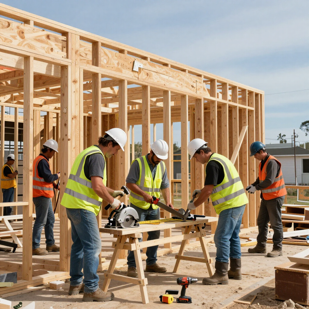 Construction workers in high-visibility vests and hard hats work on the wooden framing of a building under a clear sky.