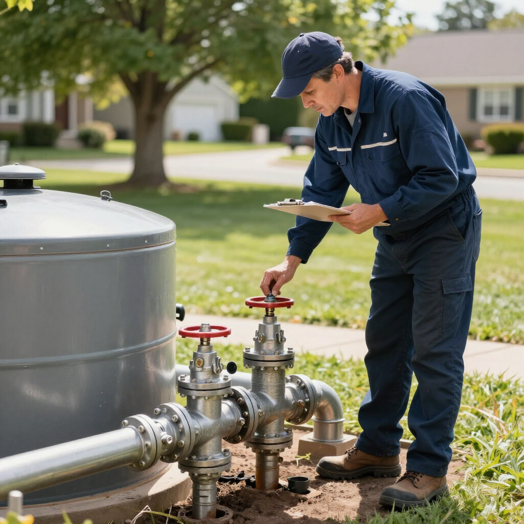 A technician in a blue uniform checks a valve connected to a large gray industrial tank in an outdoor setting.