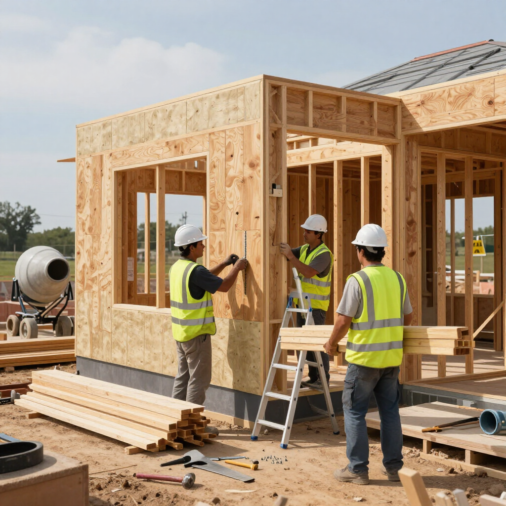 Three construction workers in hard hats and high-visibility vests building the wooden frame of a house on a work site.