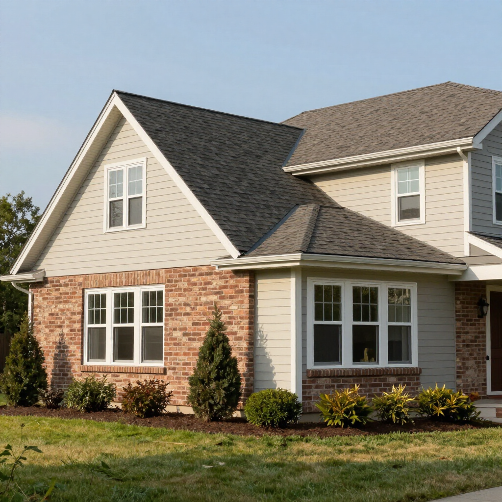 A two-story suburban house with beige siding, a brick facade, and a dark shingled roof under a clear blue sky.
