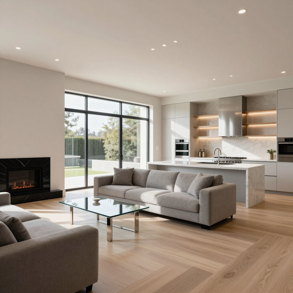 A modern open-concept living area with light wood floors, a grey sofa, glass coffee table, fireplace, and sleek kitchen.