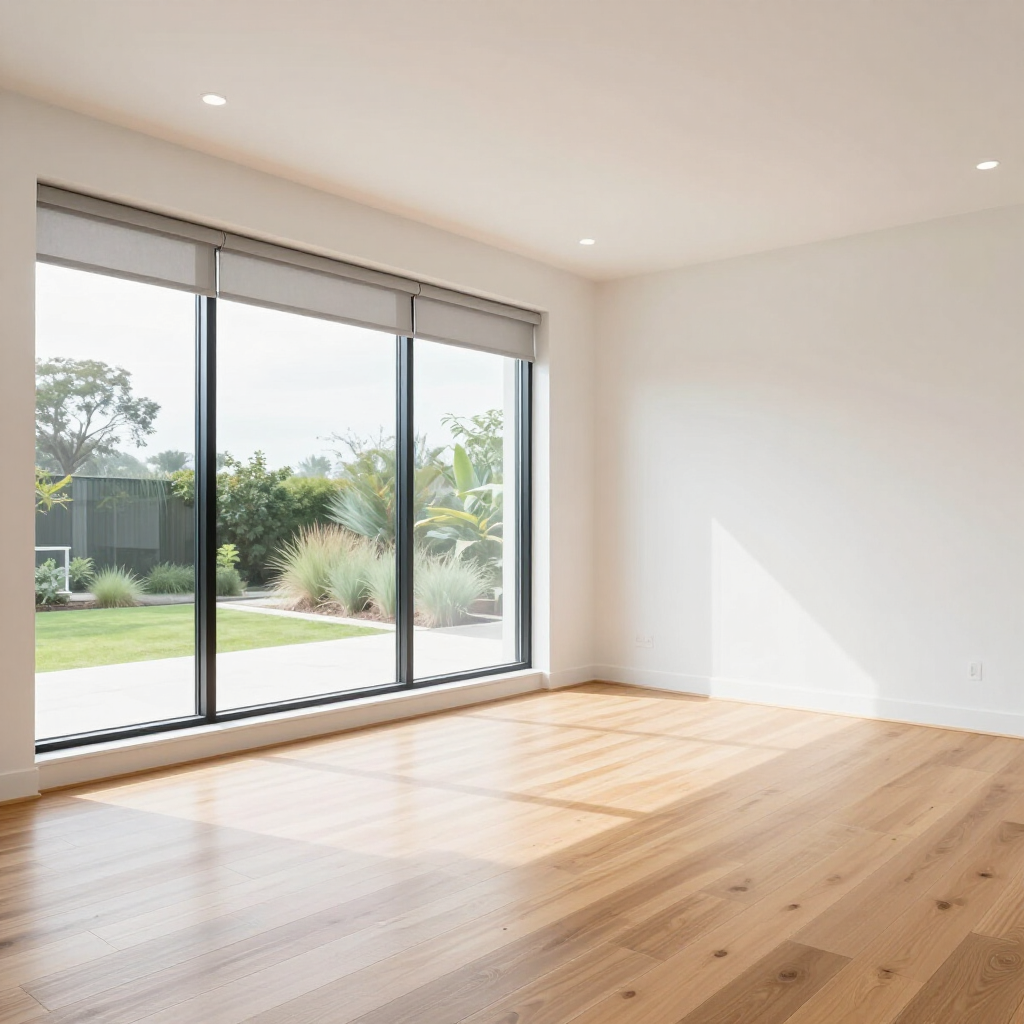 Empty room with light wood floors, white walls, and a large window looking out onto a green backyard garden.