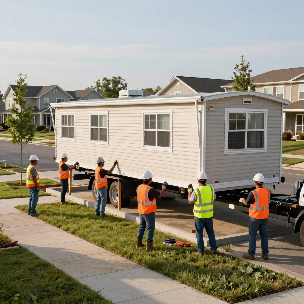 Six workers in hard hats and safety vests surround and maneuver a light-colored mobile home on a trailer in a neighborhood.