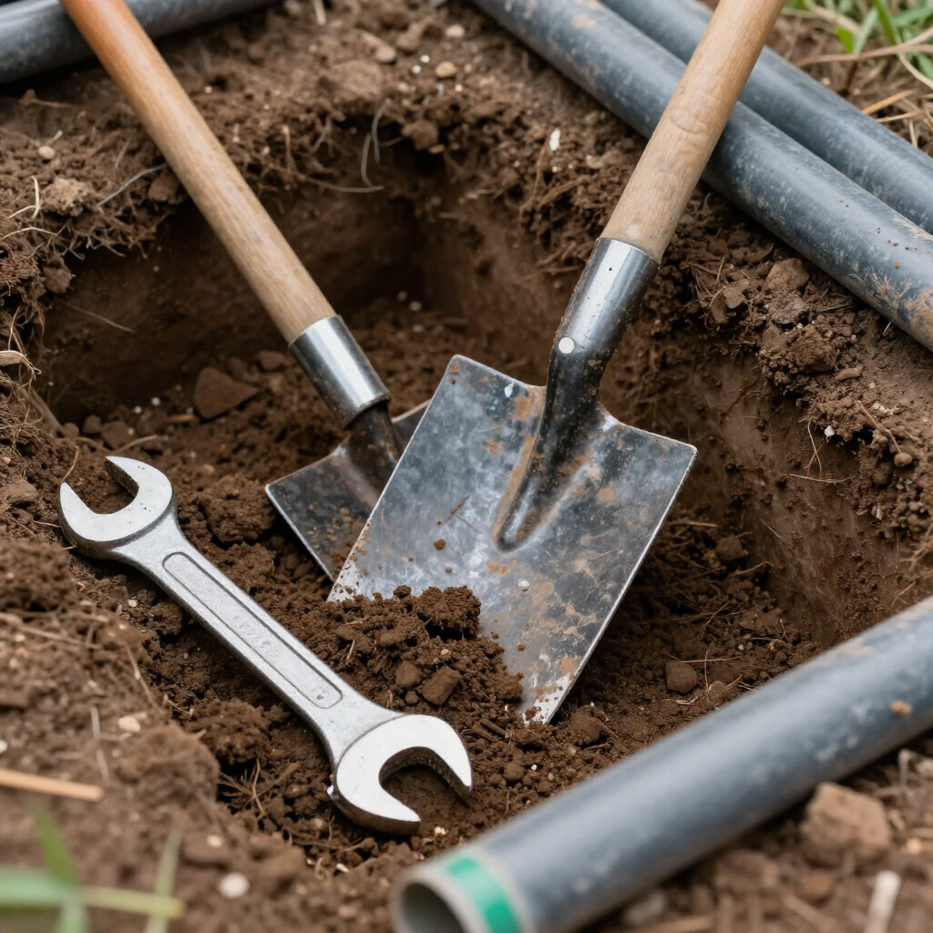 A metal wrench, shovel, and gray pipes resting in a square hole dug into the soil.