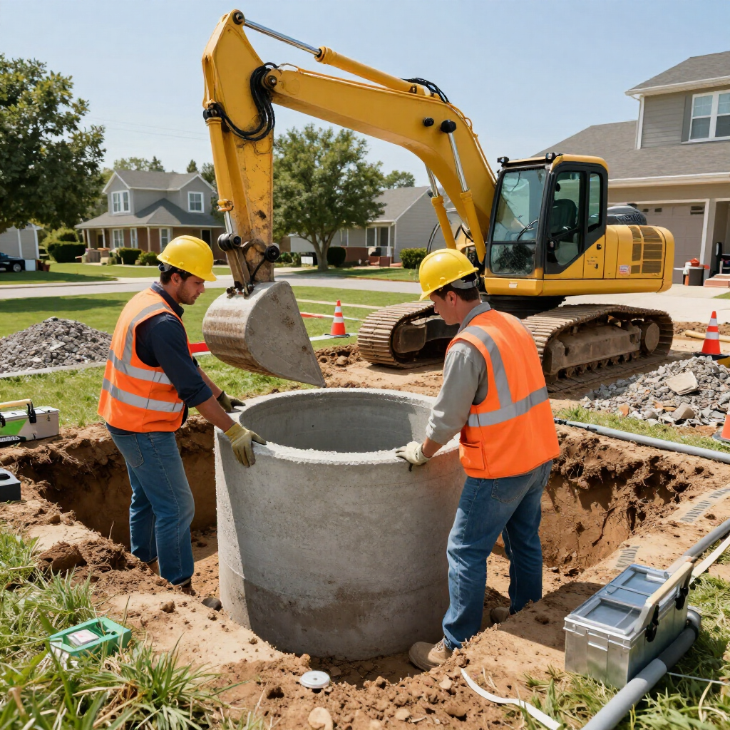 Two workers in hard hats and safety vests install a large concrete manhole ring at a residential construction site.