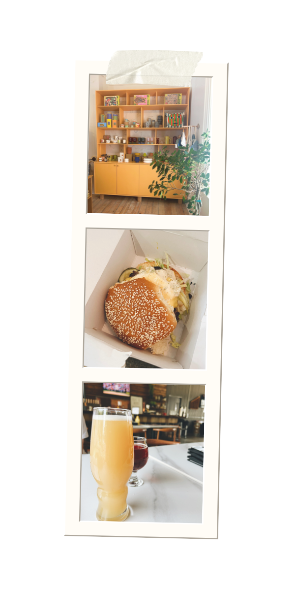 A collage of three pictures of a hamburger , a glass of orange juice , and a sandwich.