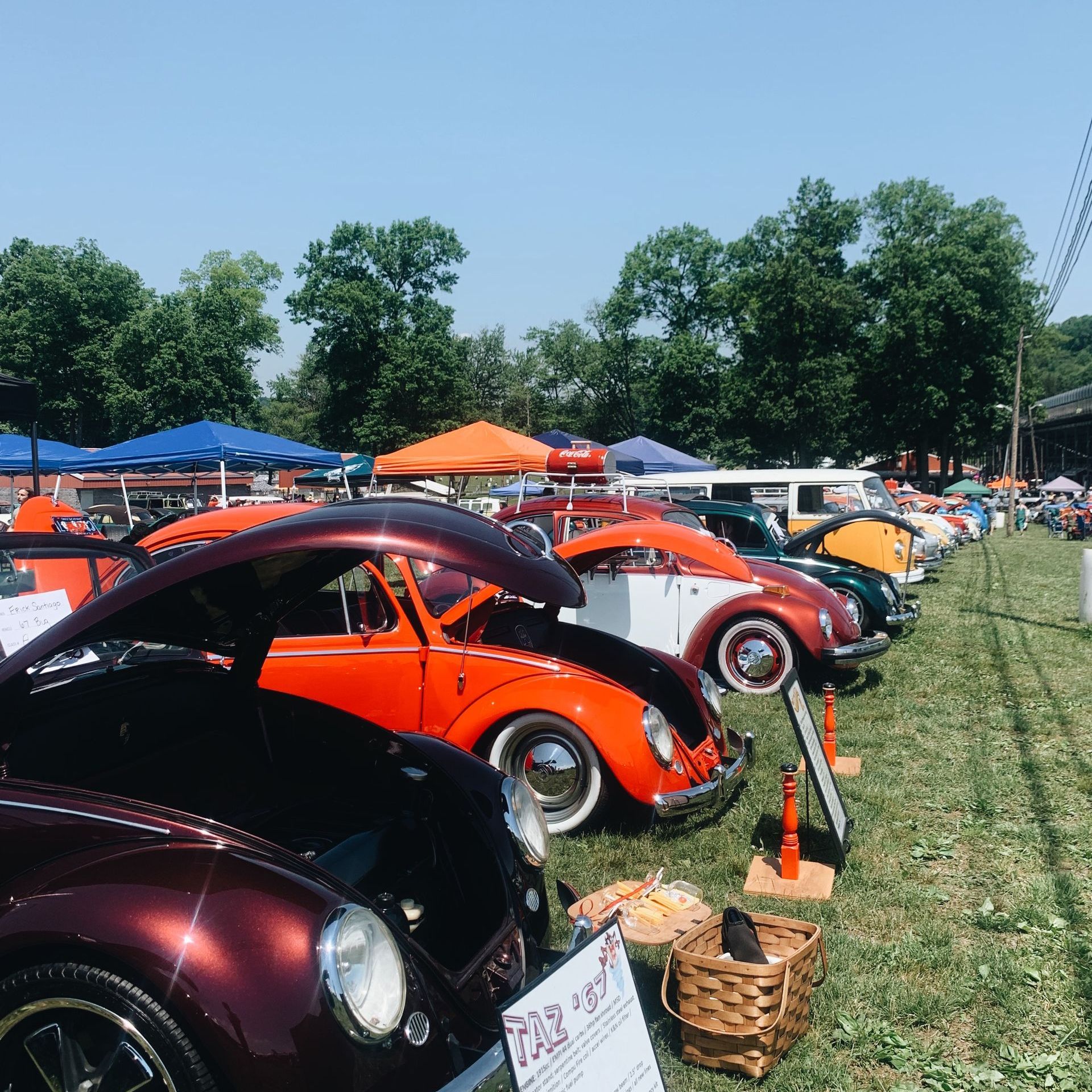 A row of cars are parked in a grassy field at a car show.
