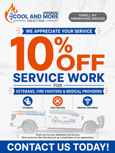 Blue and orange HVAC ad offering 10% off service work for veterans, fire fighters, and medical providers.