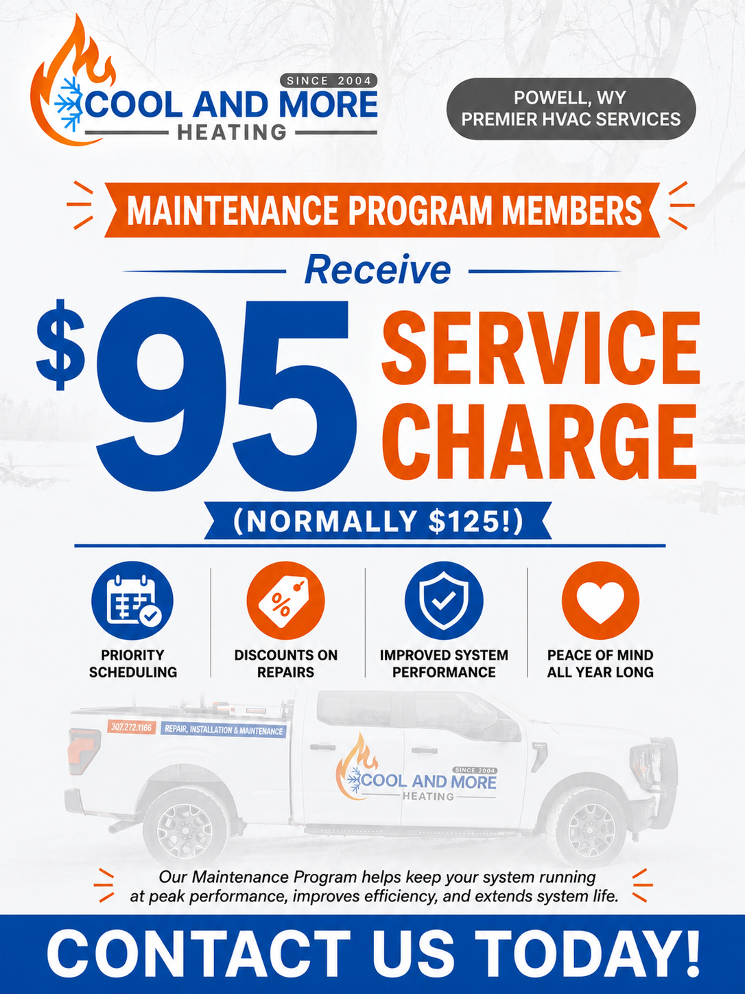 HVAC maintenance promo: members pay $95 service charge, with contact us today call-to-action and logos.