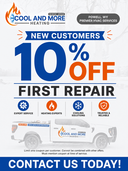 Promotional flyer for Cool and More Heating: New customers get 10% off first repair, contact us today.