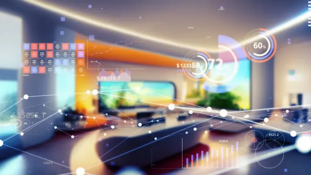 A futuristic living room with a lot of lights on the ceiling.