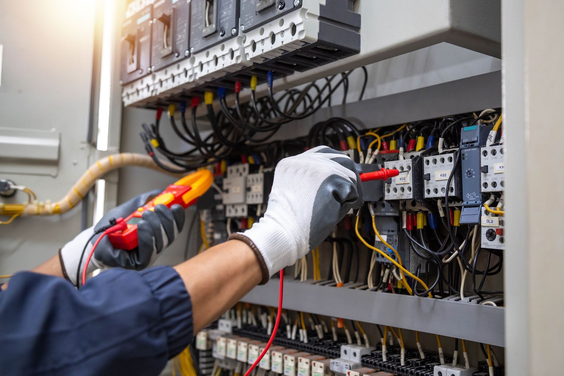 Electrician using a thermal camera to inspect wiring in an electrical control panel
