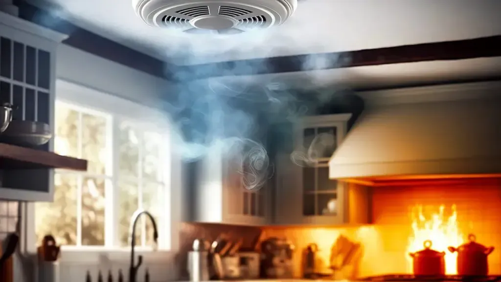 Smoke is coming out of a smoke detector in a kitchen.