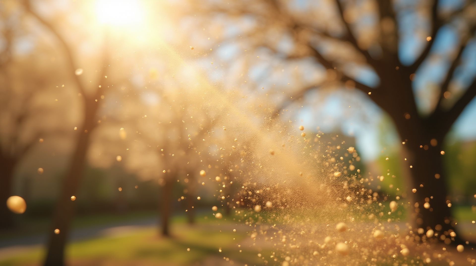 Sunlight shining through dust particles, park with blurred trees in background.