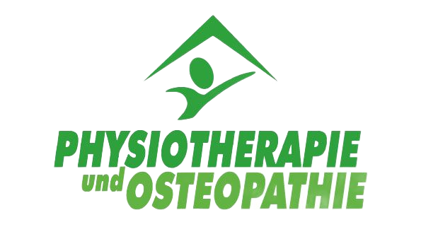 Menschliche Figur unter einem Dach, mit dem Text „PHYSIOTHERAPIE und OSTEOPATHIE“.