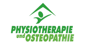 Menschliche Figur unter einem Dach, mit dem Text „PHYSIOTHERAPIE und OSTEOPATHIE“.