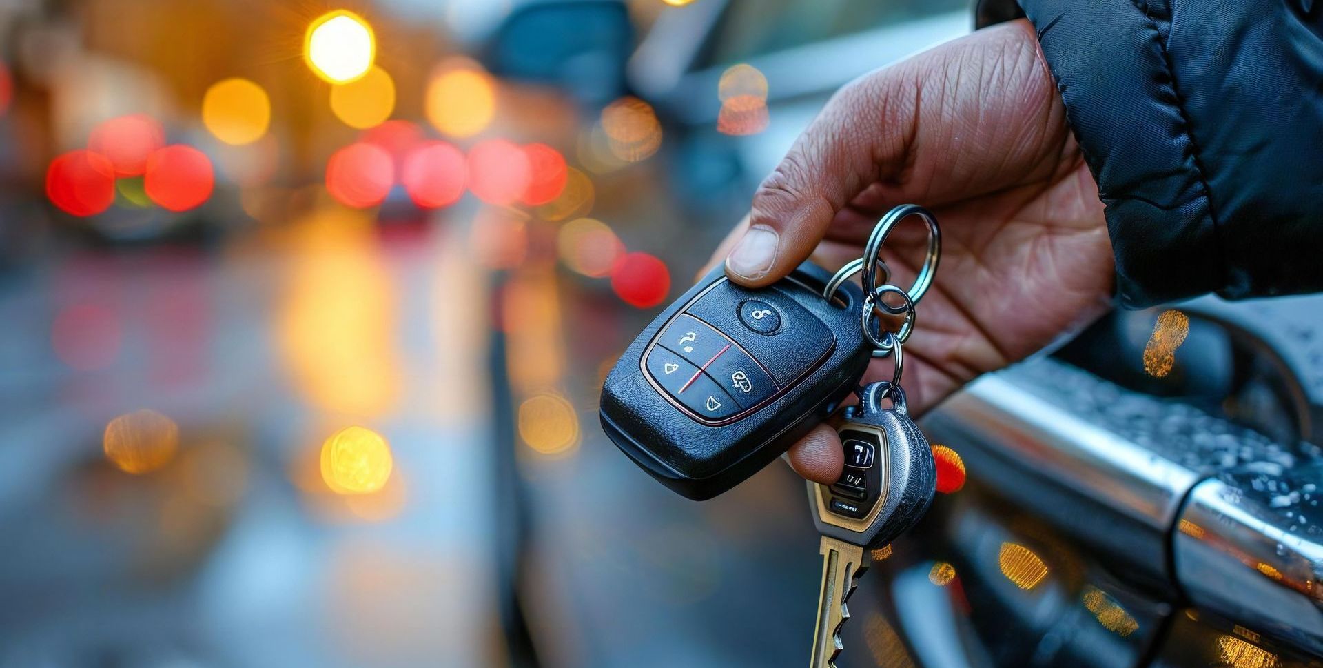 Hand holding car keys with blurred city lights in the background.
