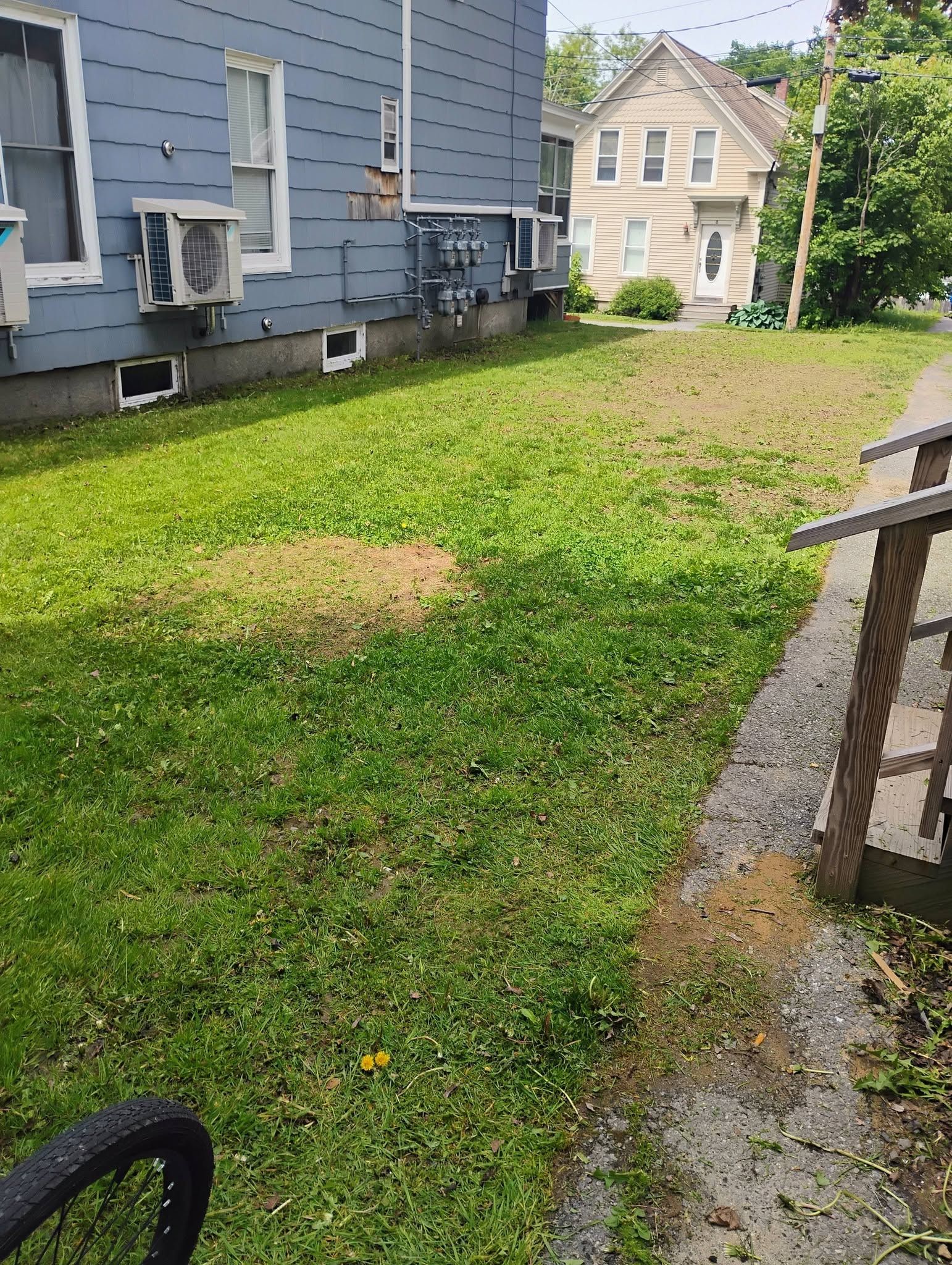 Narrow grassy side yard between two houses with a gravel path and blue siding on the left.