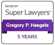 Super Lawyers badge for Gregory P. Haegele, purple banner with "5 YEARS".