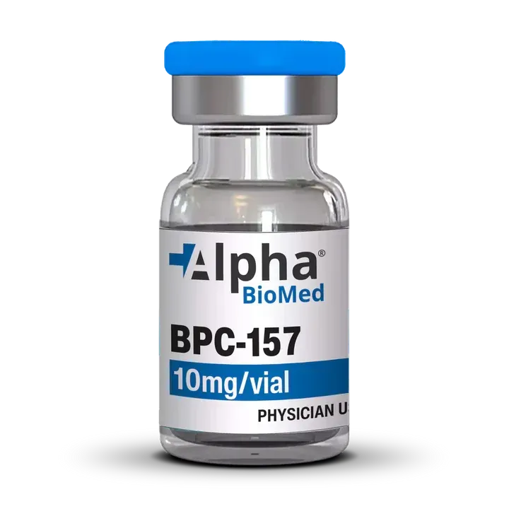 A bottle of alpha biomed bpc 157 10mg / vial