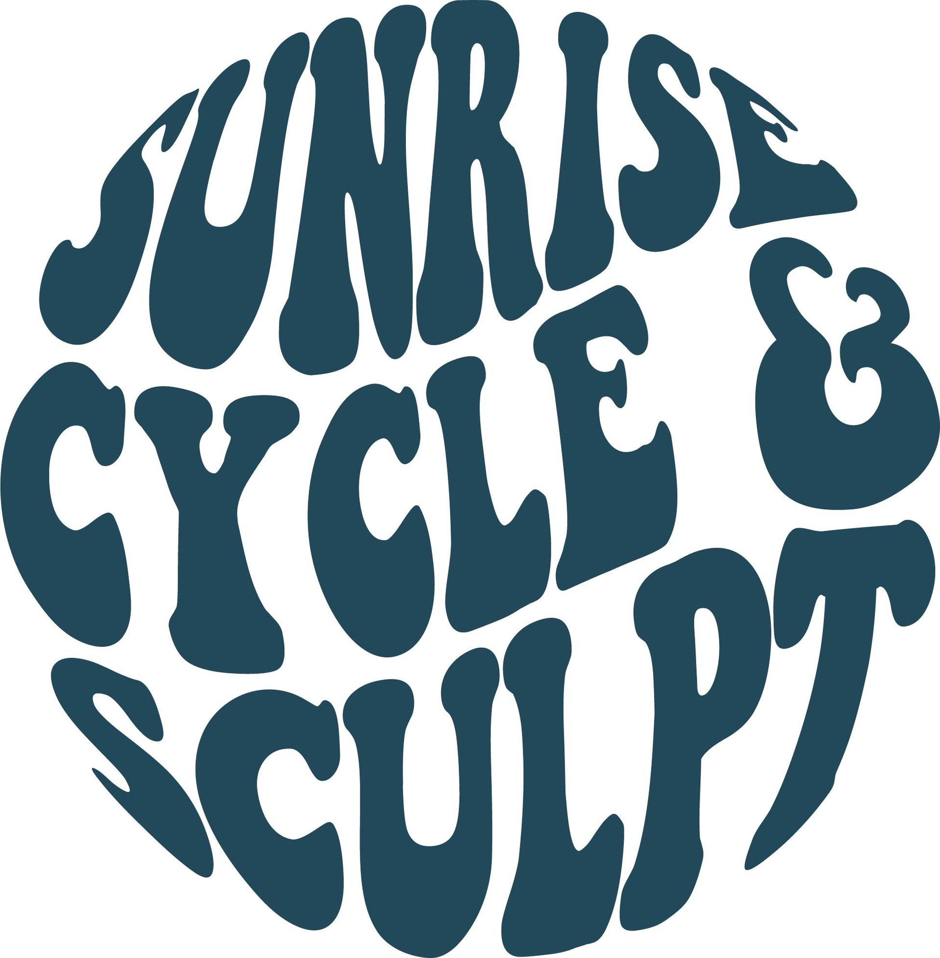 The logo for sunrise cycle & sculpt is a blue circle with the words sunrise cycle & sculpt written inside of it.