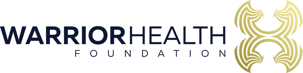 The logo for the warrior health foundation is black and gold.